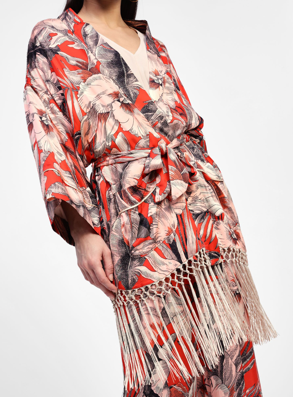 KIMONO FLOREALE CON FRANGE